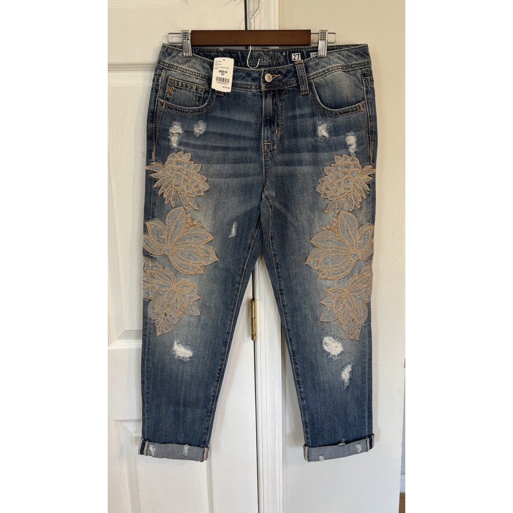 Miss Me Floral Embroidered Jeans Women's Sz 27 Distressed Boyfriend Ankle NWT